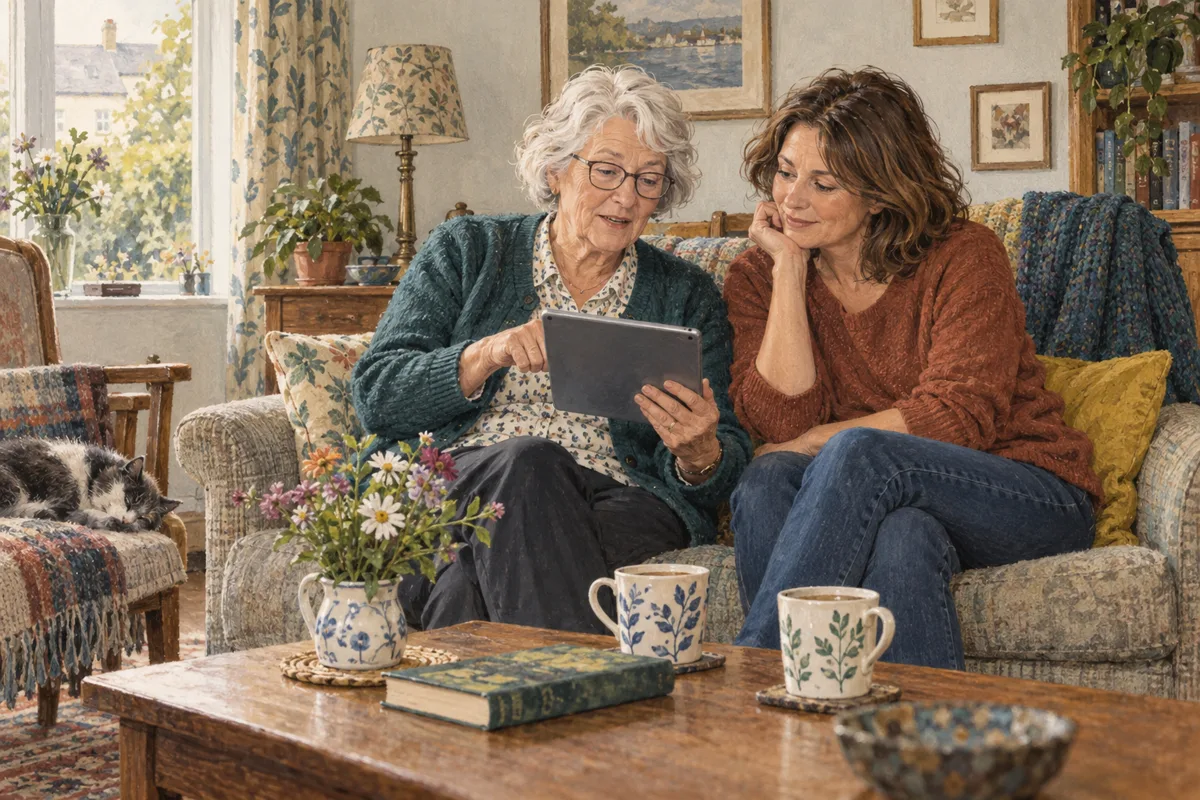 An older woman holds a tablet while she and her adult daughter discuss a renewal at home.
