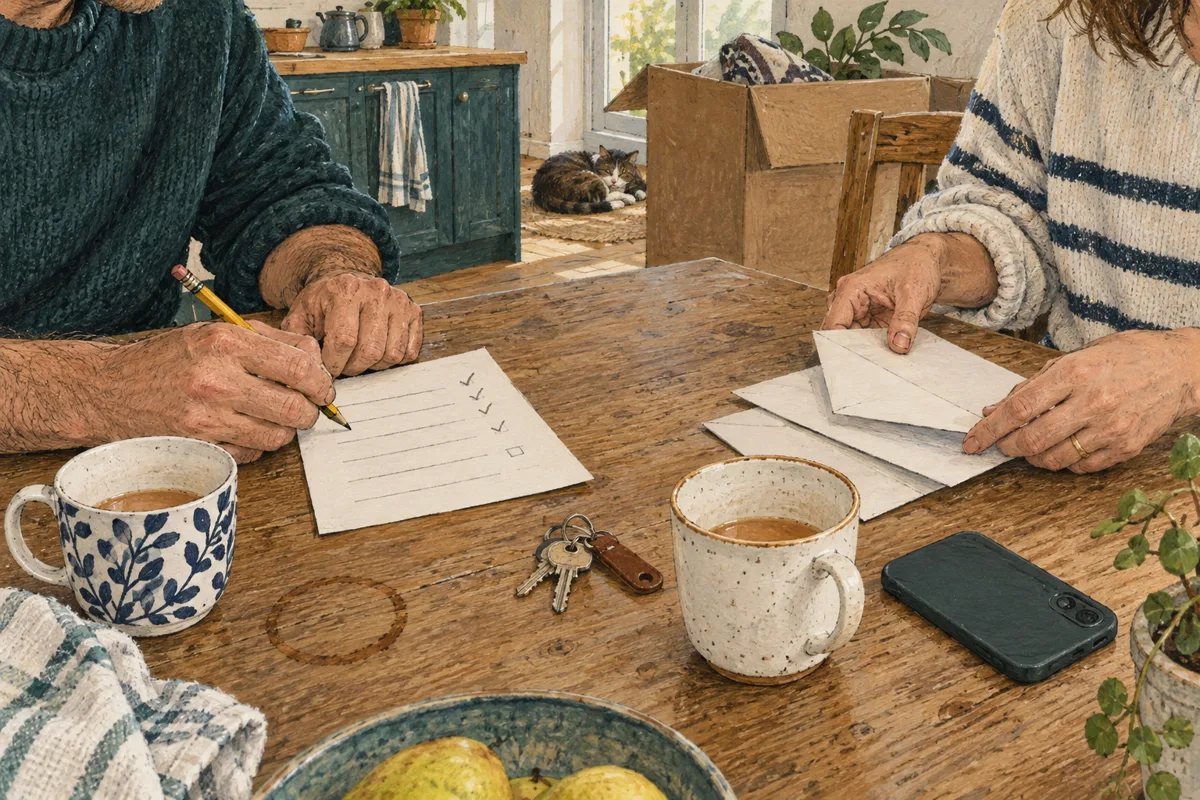 Two people sort envelopes and a paper checklist over tea at their new kitchen table.