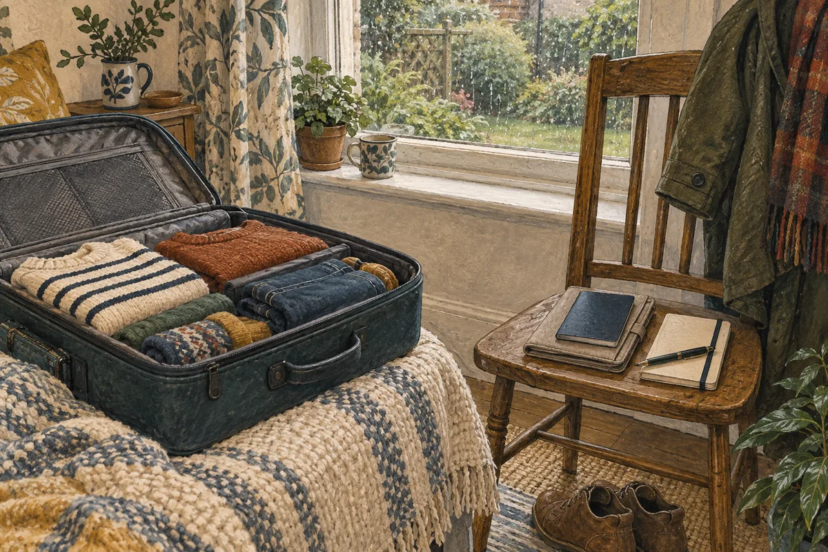 A packed suitcase beside a chair holding a closed passport-sized booklet and document wallet.