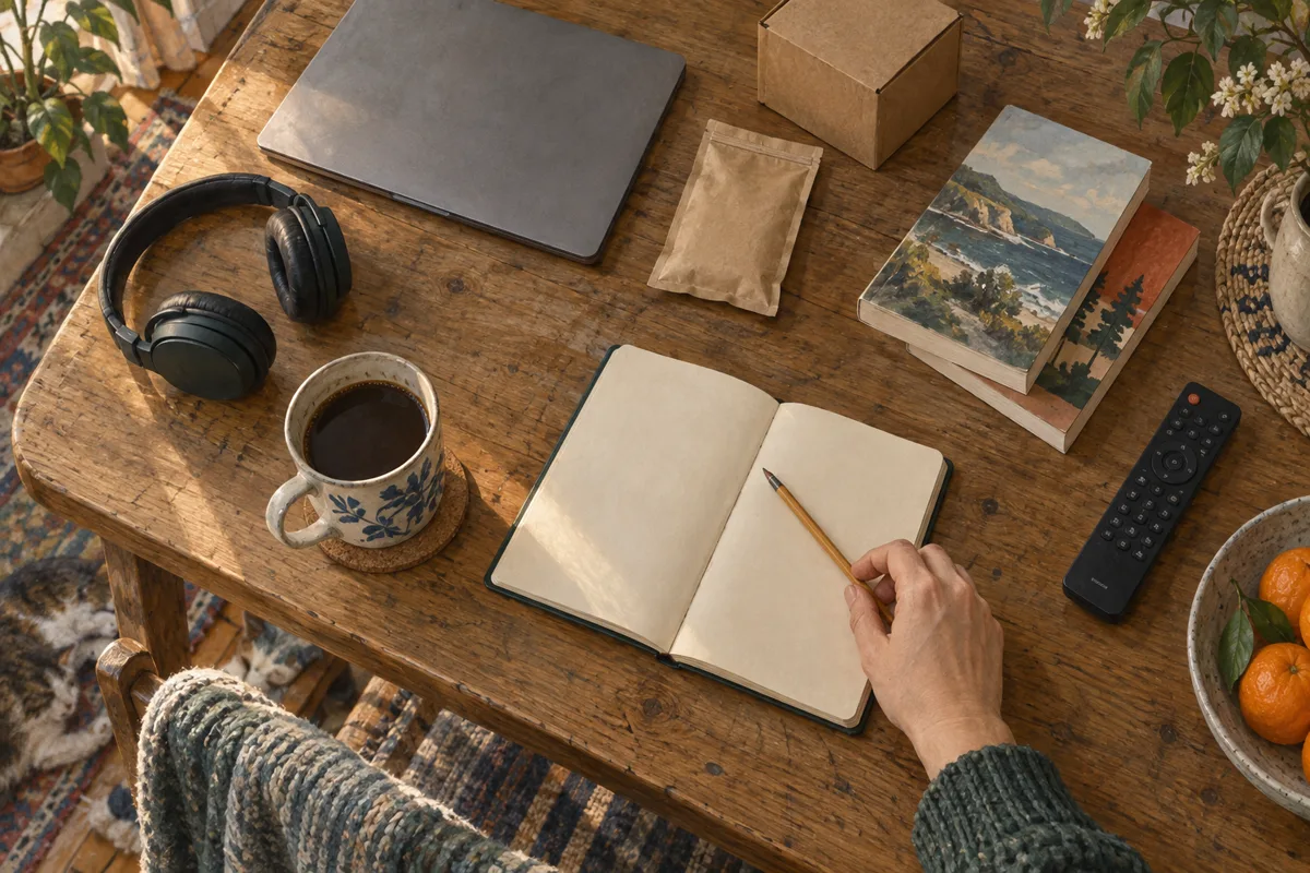 Headphones, a television remote, books and a coffee delivery box sit beside an open notebook.
